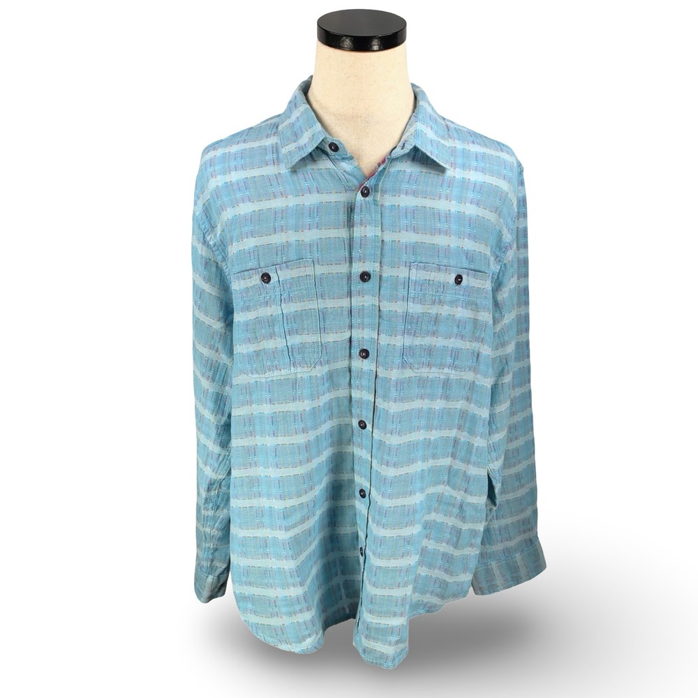 Carbon 2 Cobalt Mens Large Blue Striped Slub Cotton Button Shirt Long Sleeve